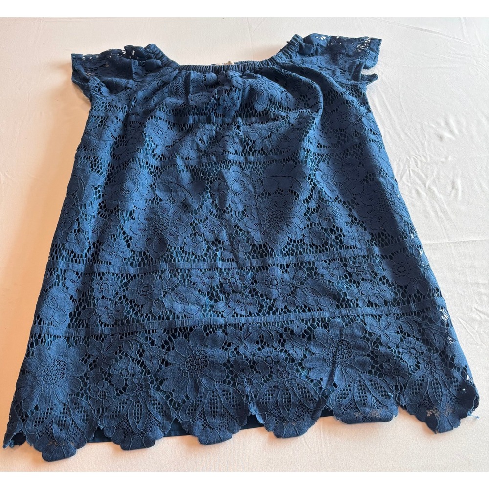 Ann‎ Taylor LOFT Teal Blue Floral Lace Scalloped Hem Top MP Womens